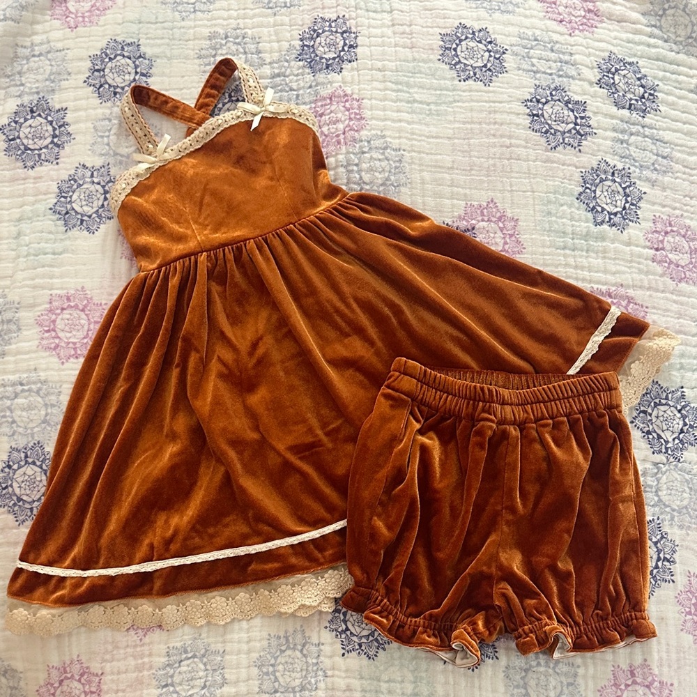Love & Grow Velvet Set in Caramel Brown Swing Top With Matching Bloomers Size 5
